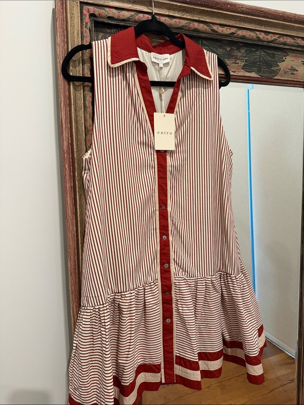 entro Red and White Striped Sleeveless Button-Down fall dress